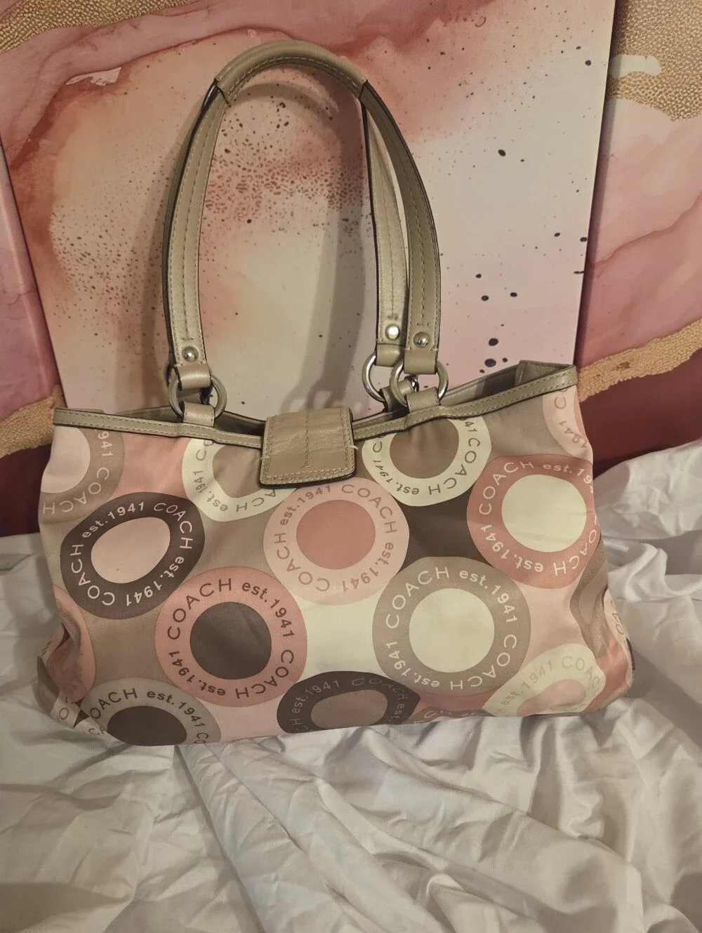 Coach F18805 Ashley Pink and Beige Signature Circle Print Shoulder Tote - Picture 2 of 12